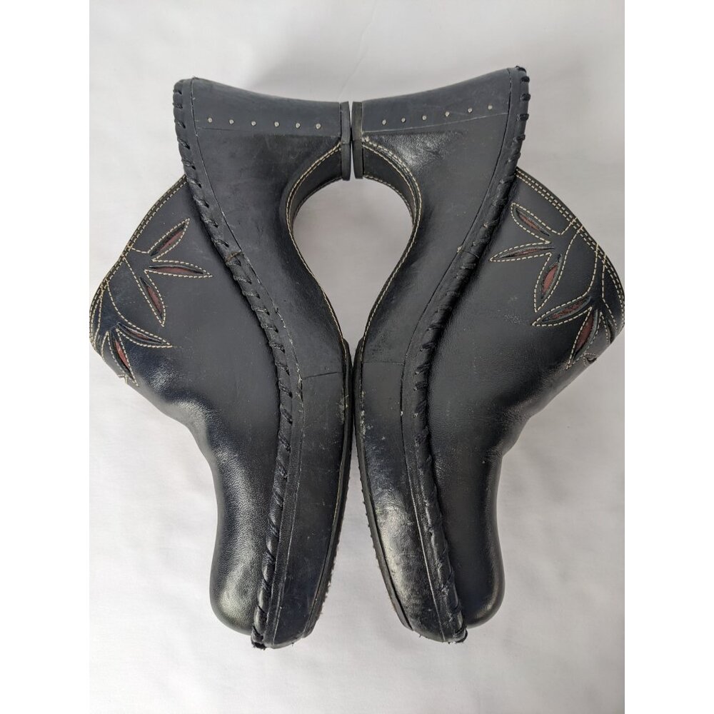 FRYE Leather Shoes Black Mule Clogs 3" Heel Charlotte Flower Size 8.5 M - Picture 13 of 14